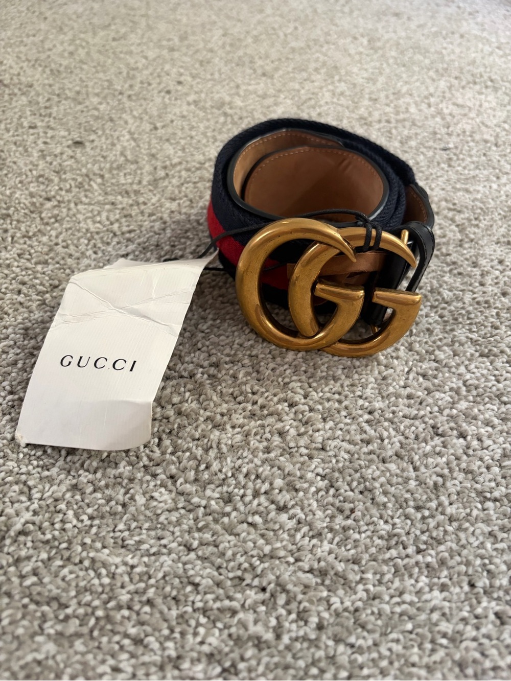 Gucci Navy and Red Web Belt with Antiqued Gold Double G Buckle